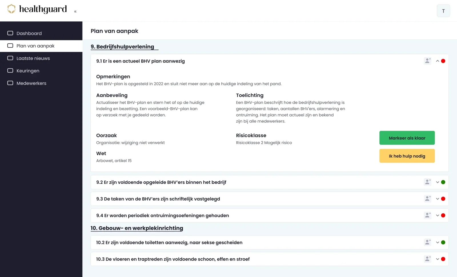 Voorbeeldscherm van het RIE Portaal met het plan van aanpak, de voortgang per thema en actiepunten met eigenaar en termijn.